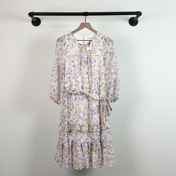 NWT Calvin Klein Printed Ruffle Long Sleeve Tie Waist Mini Dress - Picture 3 of 6